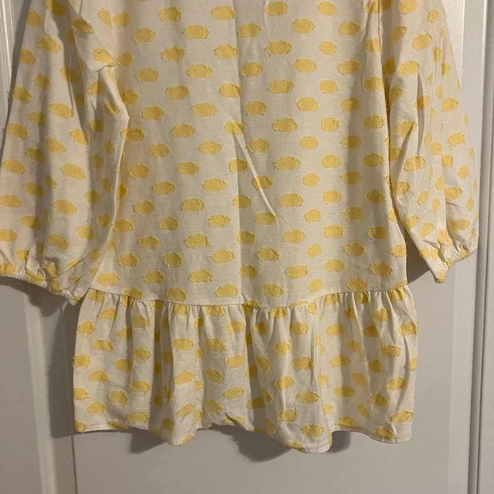 LOFT yellow &‎ white swiss dot peplum blouse with 7/8 puff sleeves women's sz S
